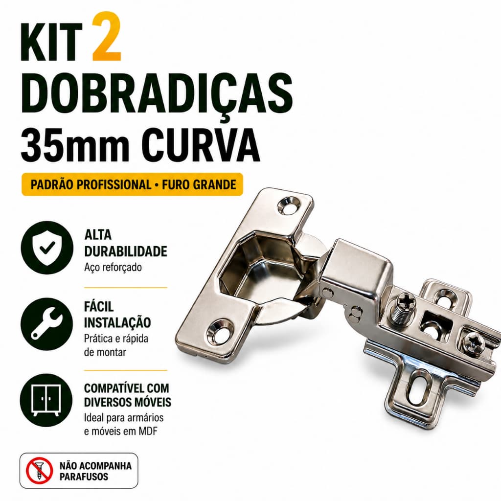 Kit 2 Dobradiça Curva 35mm Para Armário Guarda Roupa Móveis MDF Cozinha