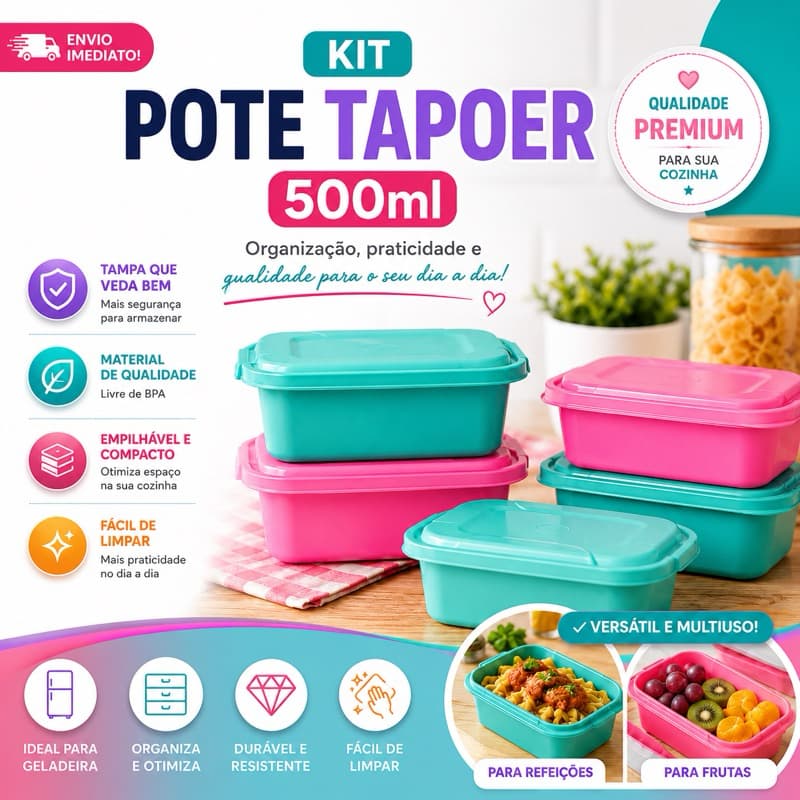 Potes Plástico Tapoer 500ml Tiffany ou Rosa | 5 até 30 unidades
