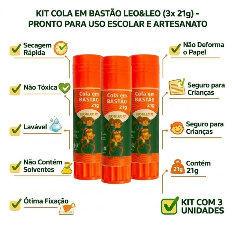 Cola Bastão Leo&Leo 21g Kit Escolar Lavável Não Tóxica - Ideal p/Papel e Cartão Seca Rápido S/Cheiro