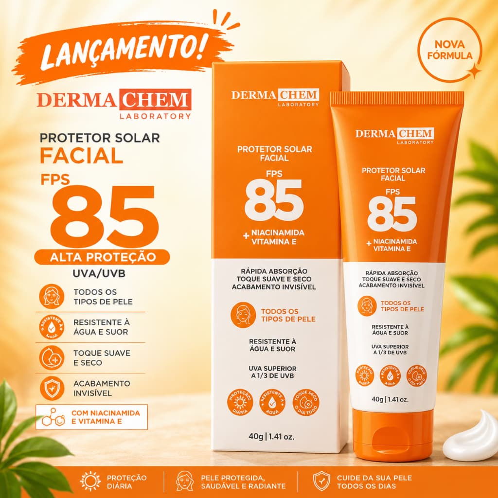 🔥LANÇAMENTO - Protetor Solar Facial FPS 85 Dermachem Toque Seco Oil Free Niacinamida Vitamina E Alta Proteção 40g