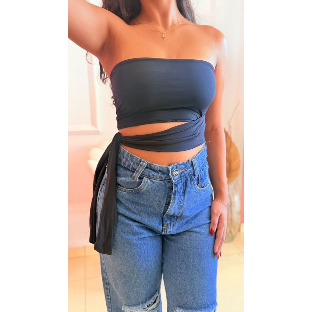 Blusa Cropped Amarração tomara que Caia  Top  Disfarça Barriga Poliamida