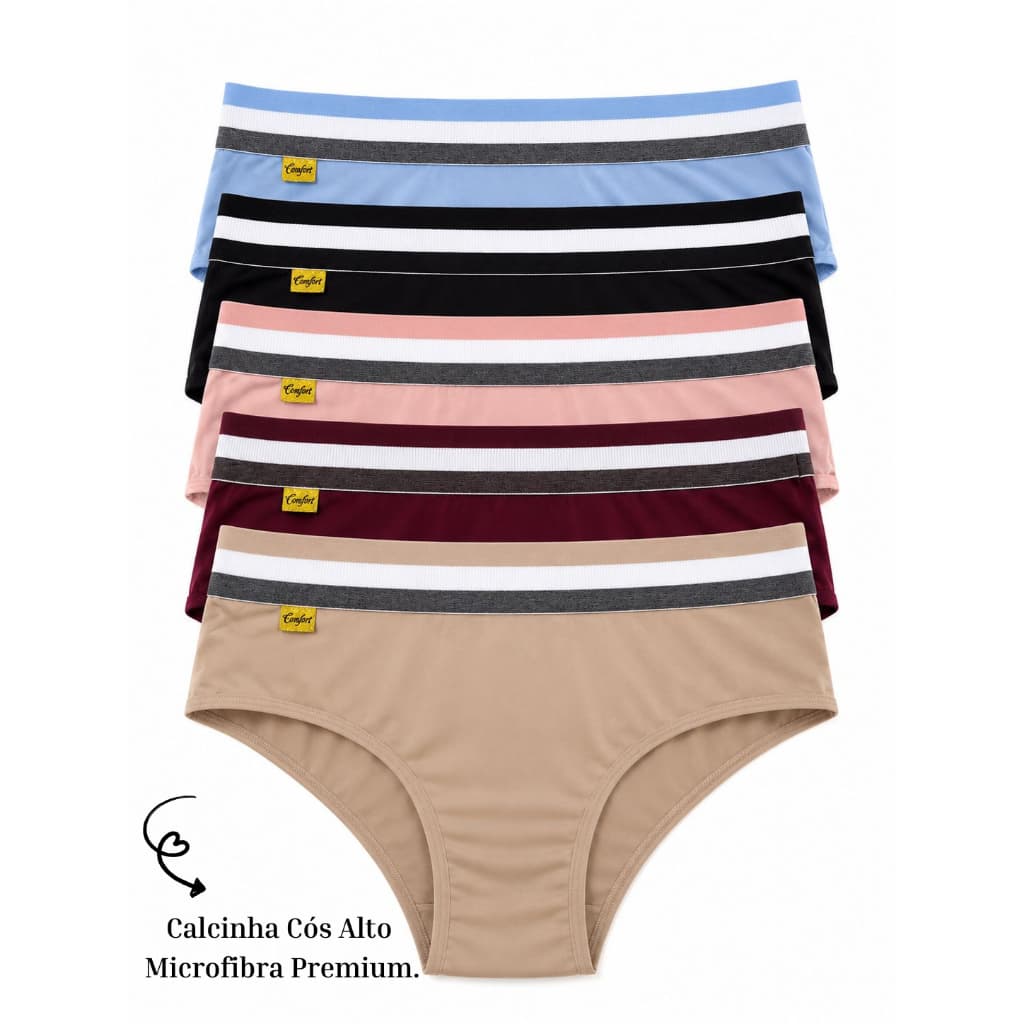 Kit 10 Calcinha Cós Alto Microfibra Forro 100% Algodão Premium Confortável Dia a Dia