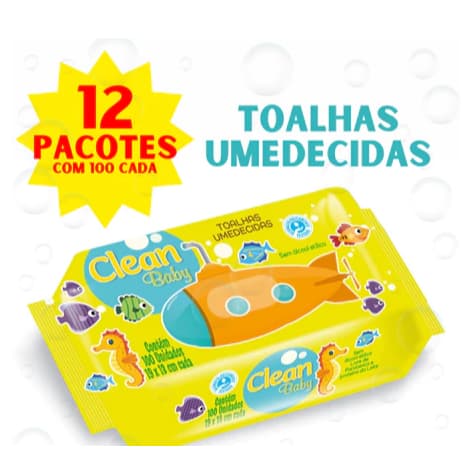 Caixa 12 Pacotes Toalhas Umedecidas Clean Baby com 100 cada