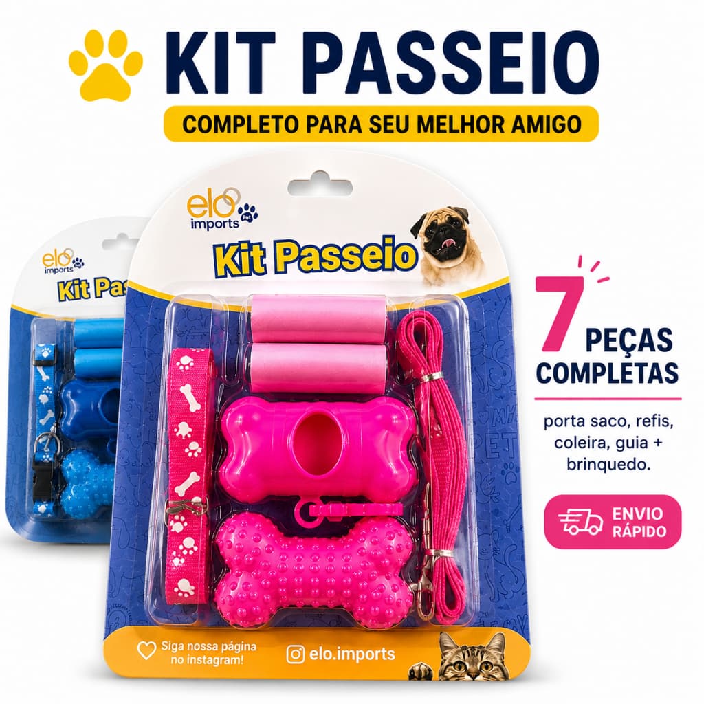 Kit Passeio Cachorro Completo 7 Peças Coleira Guia Porta Saco Cata Caca Pet