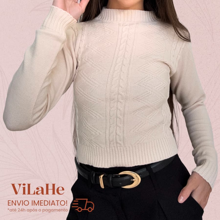 Blusa Tricot Modal Feminina Segunda Pele Trança Textura Manga Longa Inverno Elegante Tranca Moda