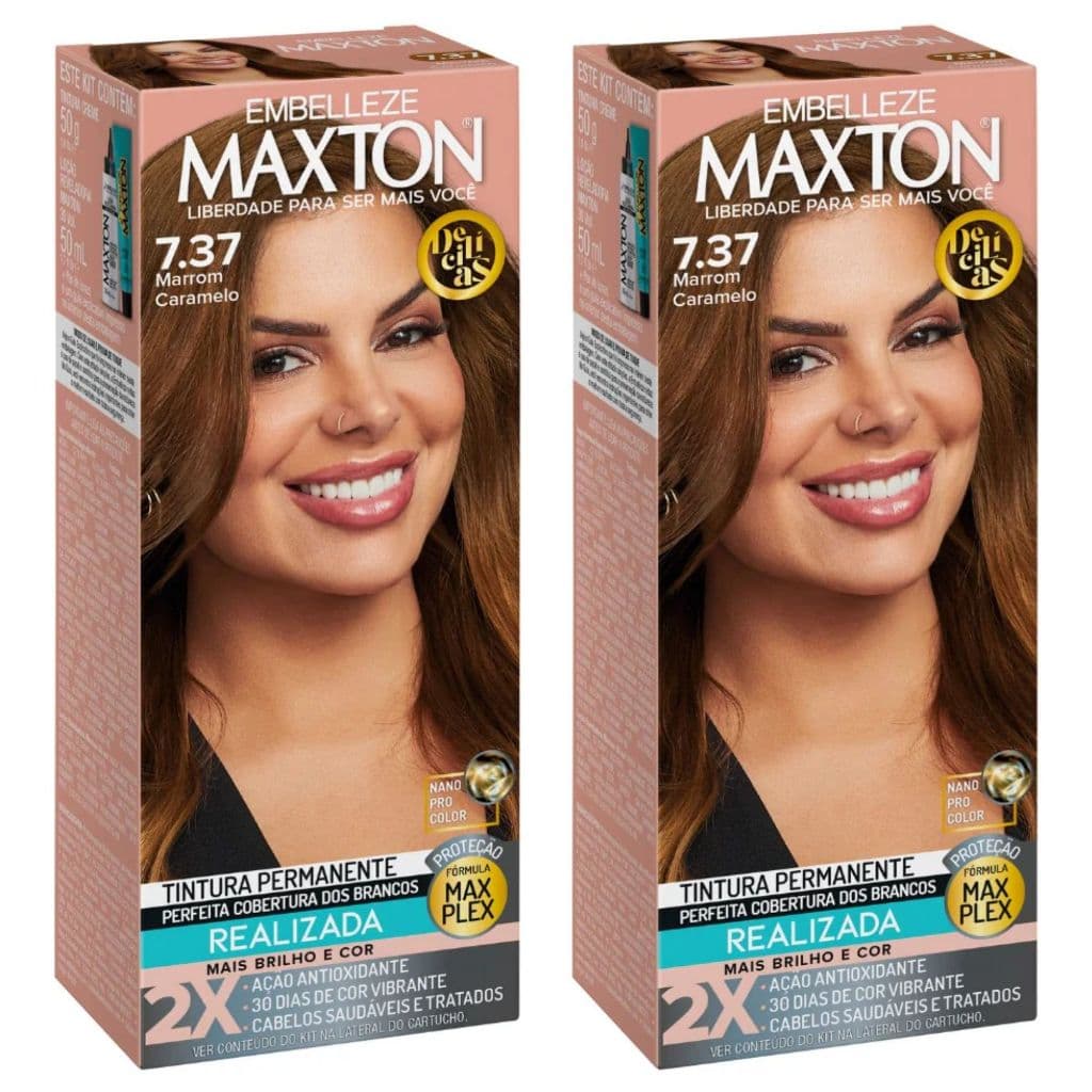 Kit 2 Tintura Maxton 7.37 Marrom Caramelo Embelleze Tinta de Cabelo com Ácido Hialurônico