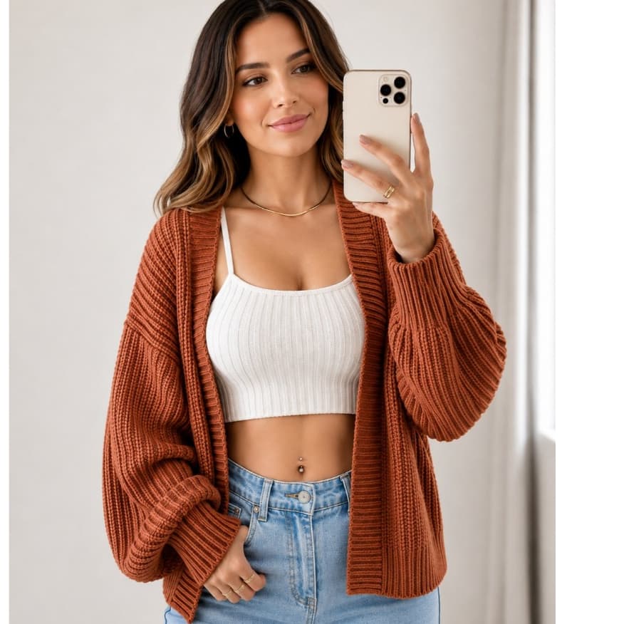 Casaco Curto Cardigan de Tricot No Fio Mousse Trico Feminina Coleção Inverno