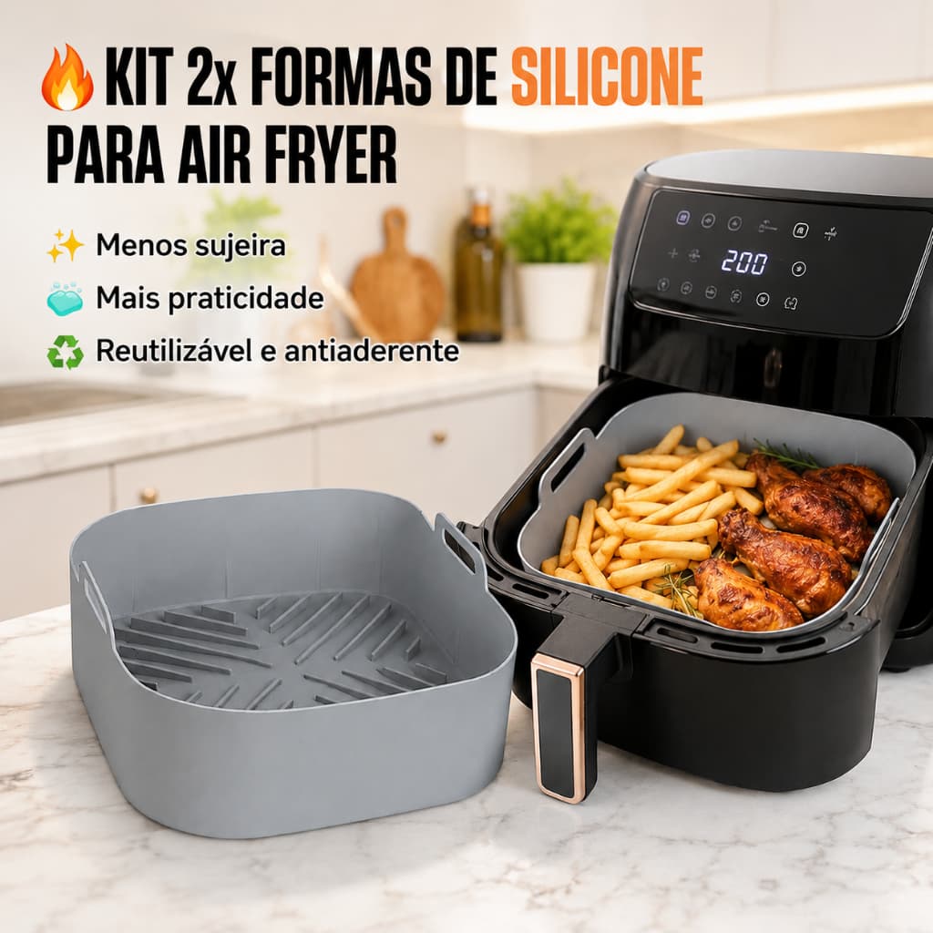 Kit 2 Formas de Silicone Quadrada Assadeira Air Fryer e Forno Forma para Fritadeira Elétrica Alça