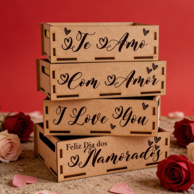 Kit 10 Und Cesta Bandeja Mdf Para o dia dos Namorados Te Amo e Com Carinho