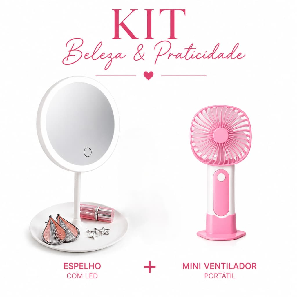 Kit Espelho Led para Maquiagem + Mini Ventilador Portátil Presente Dia dos Namorados Especial