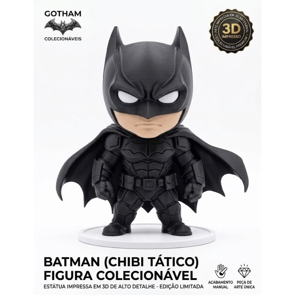Boneco Batman Chibi Action Figure Estátua Colecionável 12cm Impressão 3D - Decoração Setup Geek DC Comics