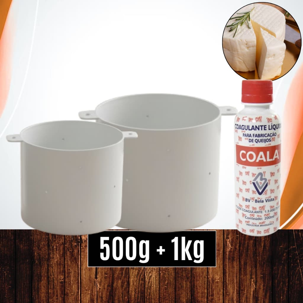 Coalho BV 200ml + 02 Formas (500g + 1kg) OPUSPLAST +  p/ Queijo Minas Frescal Requeijão Ricota