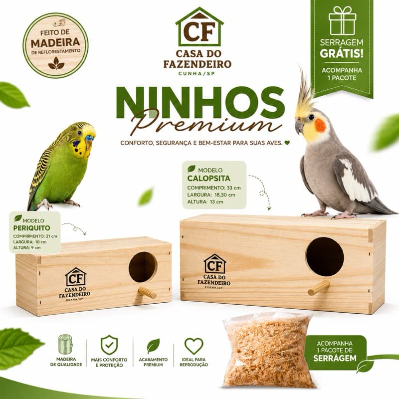Ninho Para Periquito e calopsita de madeira  Pássaros Para Reprodução + Serragem