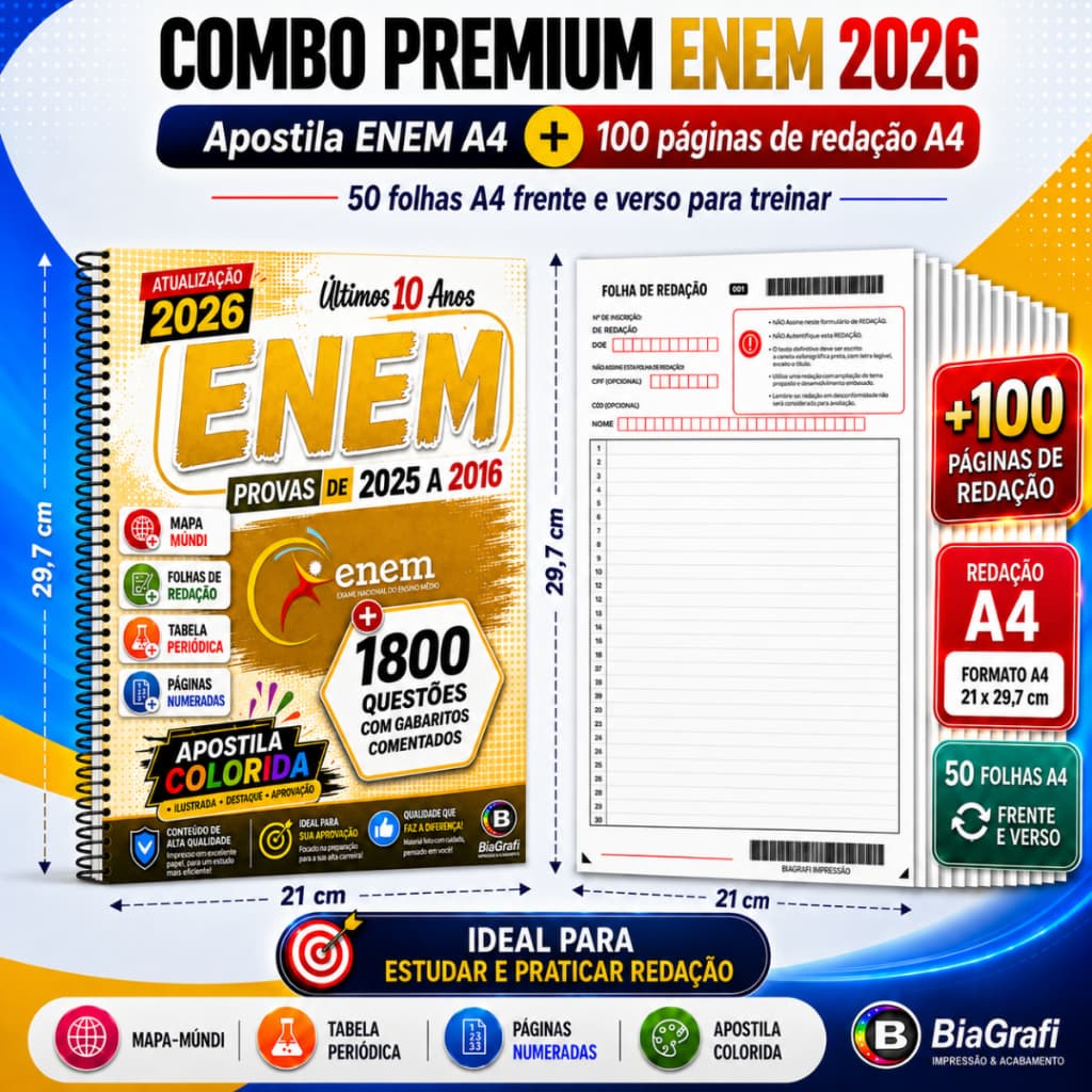 Kit Apostila ENEM 2026 Color Últimos 10 anos +Gabarito Oficial + 100 Páginas Redação + Tabela + Mapa