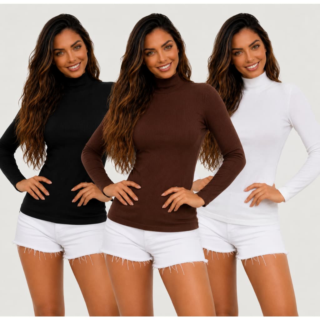 Kit 3 Blusa Blusinha Frio Manga Longa Feminina Gola Alta Cacharel Ribana Premium Roupa Básica Moda Aconchegante Frio