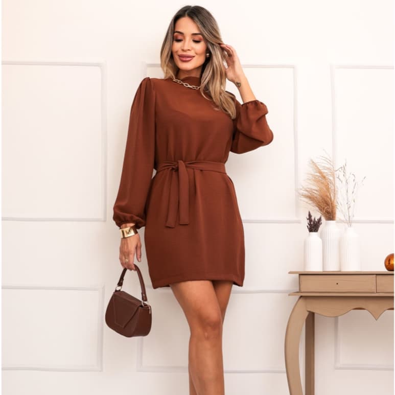 Vestido  Manga Longa curto com cinto gola