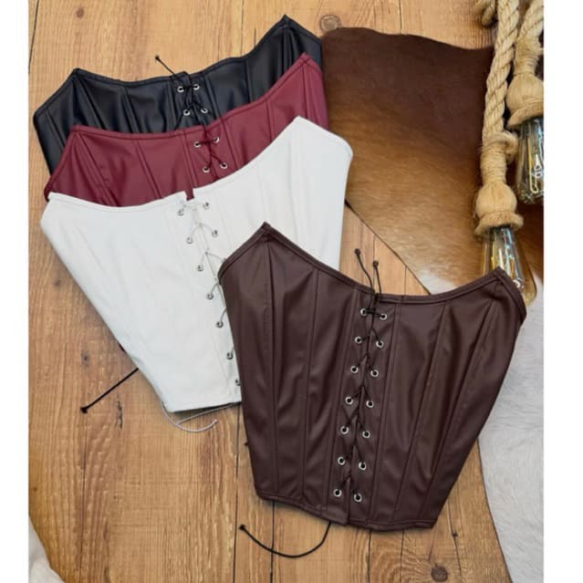 Cropped Corset Feminino Couro Fake Pu Decote Trançado Amarração Frontal Corselete Country Courino Tendência Inverno