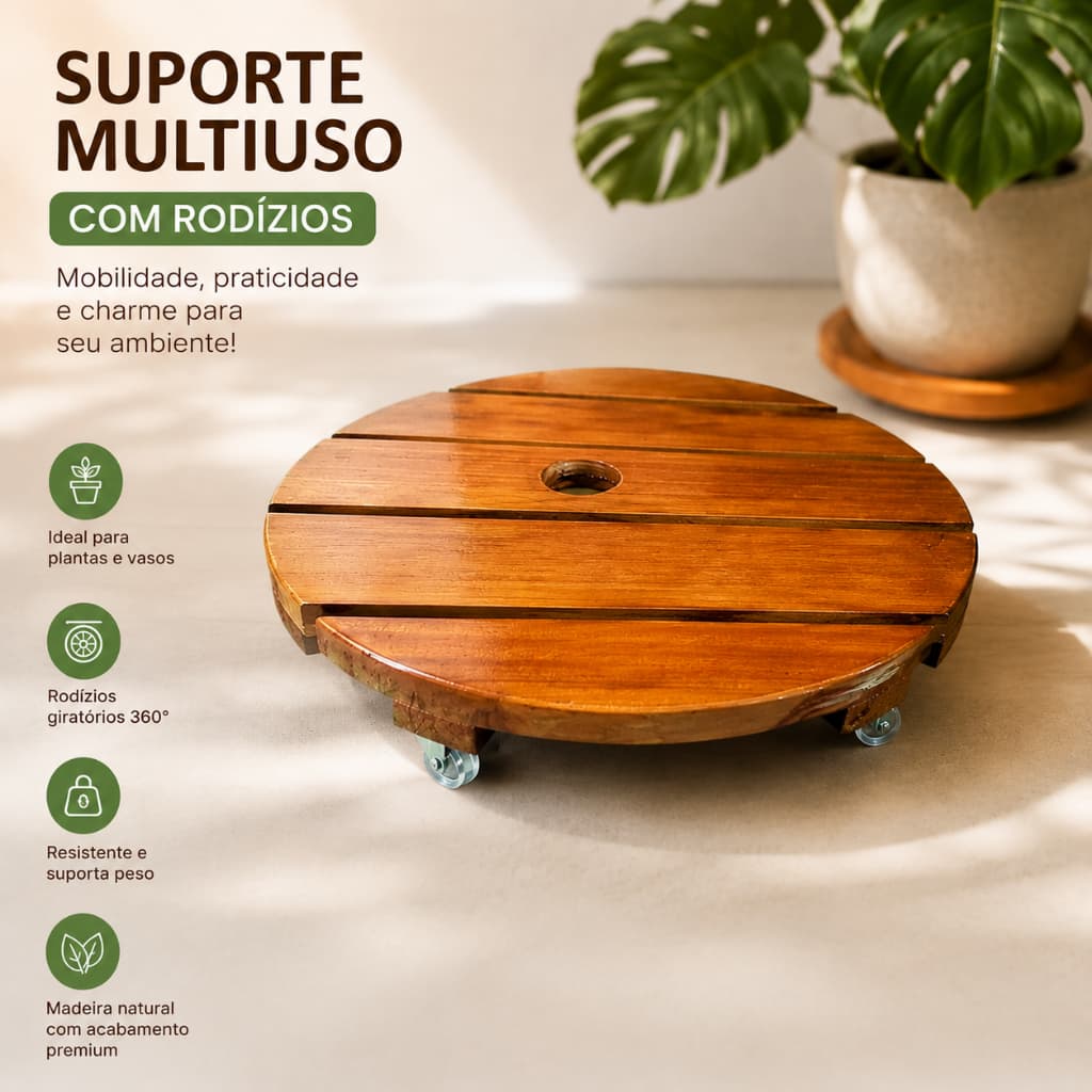 Suporte Para Vasos de Plantas com Rodinhas Cristal Redondo 30cm