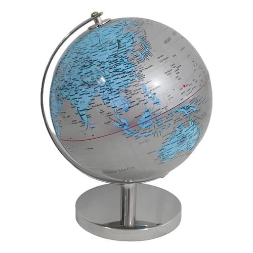 Globo Terrestre Geográfico Azul E Prata Base De Metal 30cm