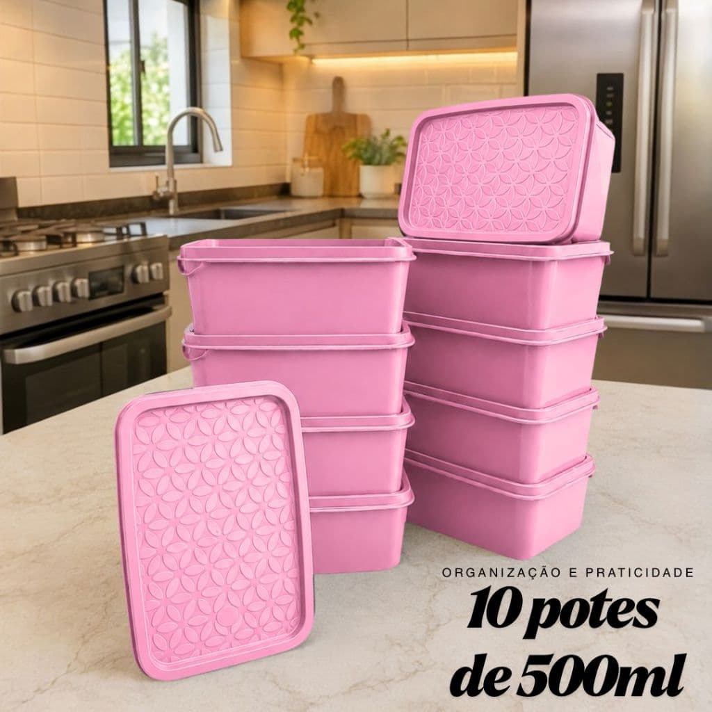 Kit 10 Potes Retangulares Herméticos de Plástico com Tampa