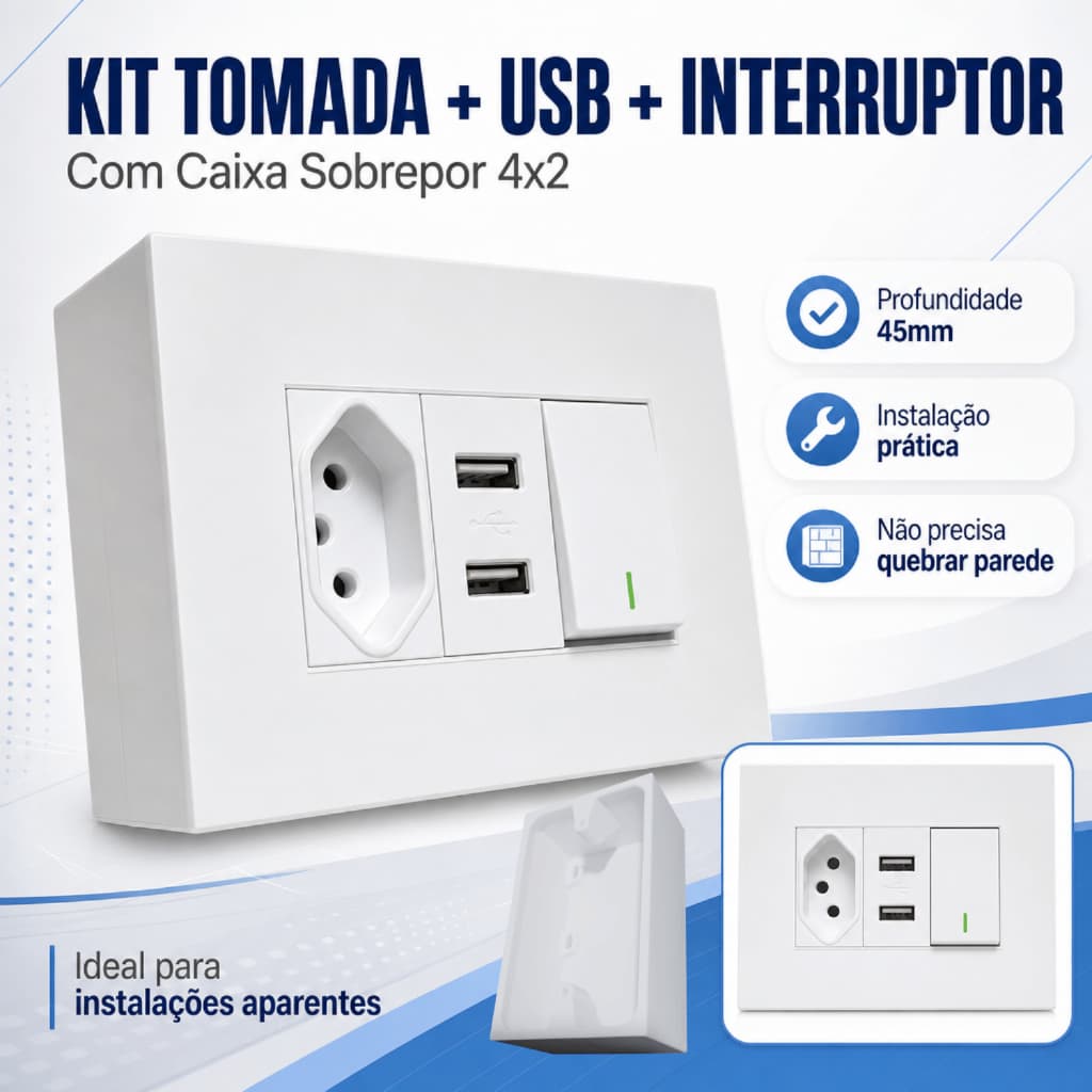 Conjunto Tomada Usb E Interruptor Com Caixa Sobrepor 4x2 45mm