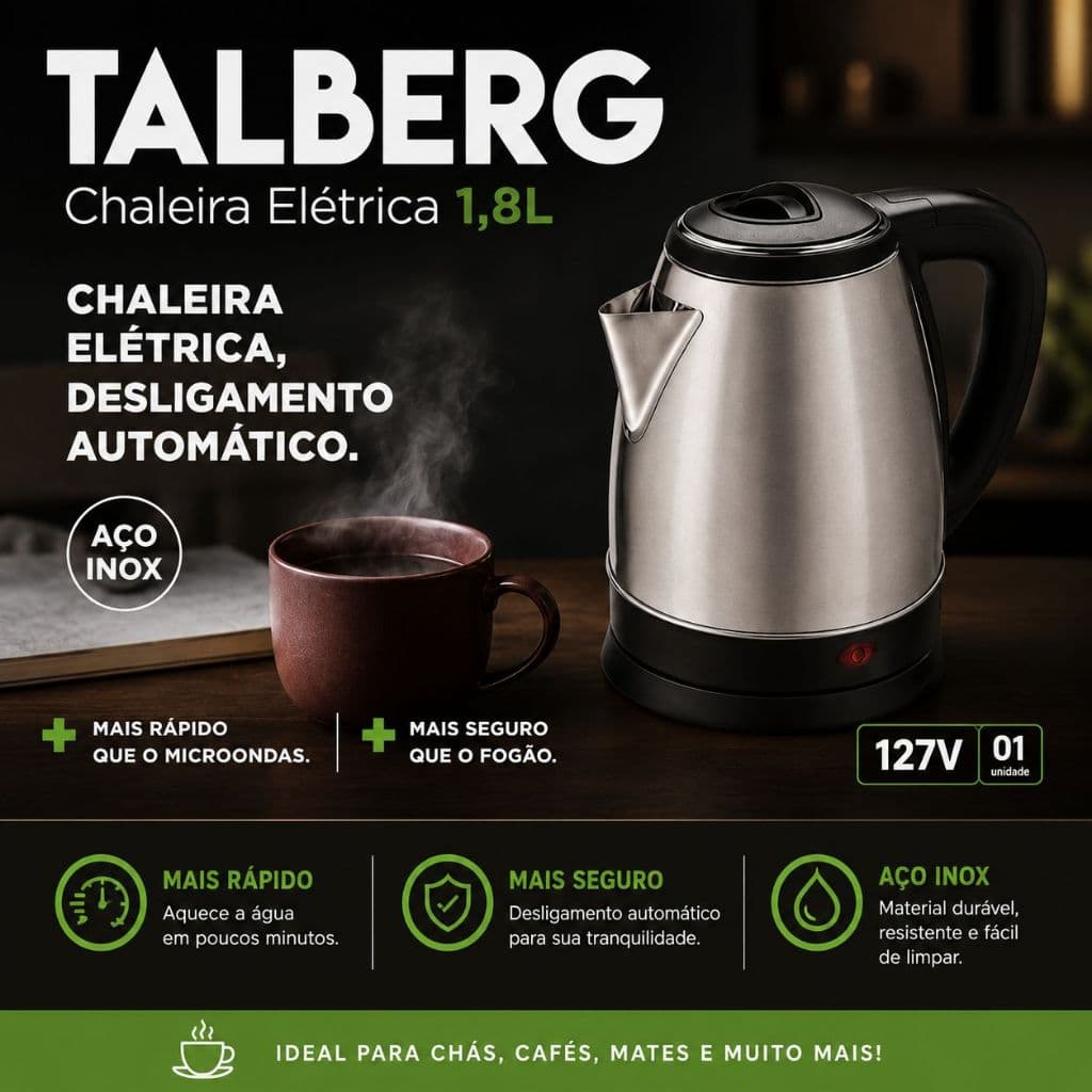 Chaleira Elétrica Inox 1.8L Desligamento Automático 1000W 127V