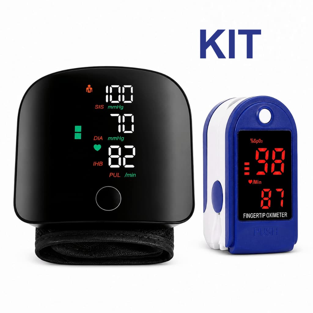 Kit Pressão Arterial de Pulso + Oxímetro de Dedo – Monitor de Saúde Portátil com Visor Digital