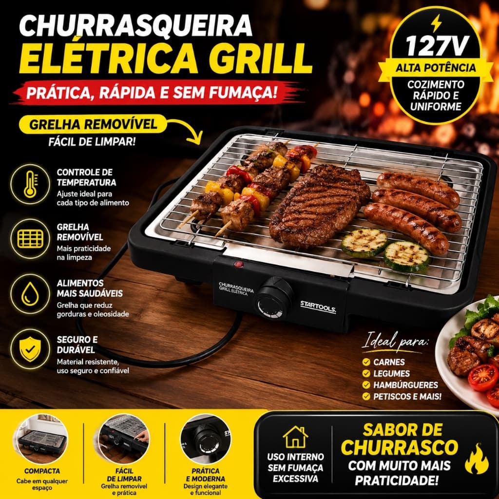 Churrasqueira Elétrica Grill 127V 2000W Antiaderente com Grelha Removível Fácil de Limpar