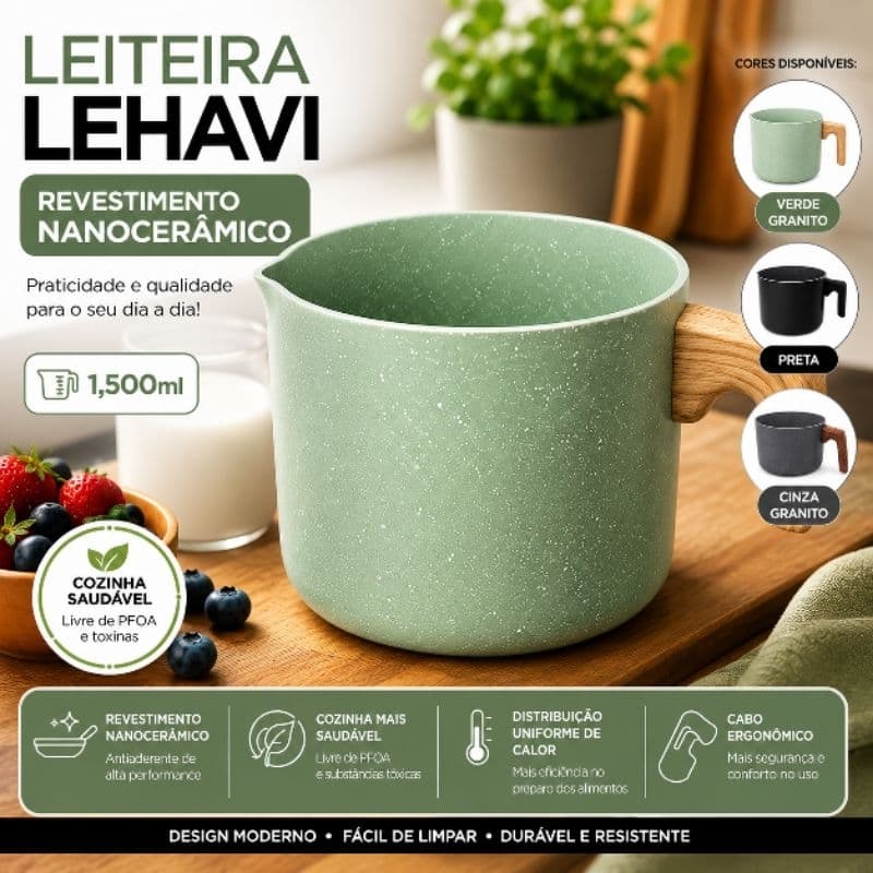 Leiteira Lehavi Revestimento Nanocerâmico 1,500ml - Verde Granito Creme Ou Preta