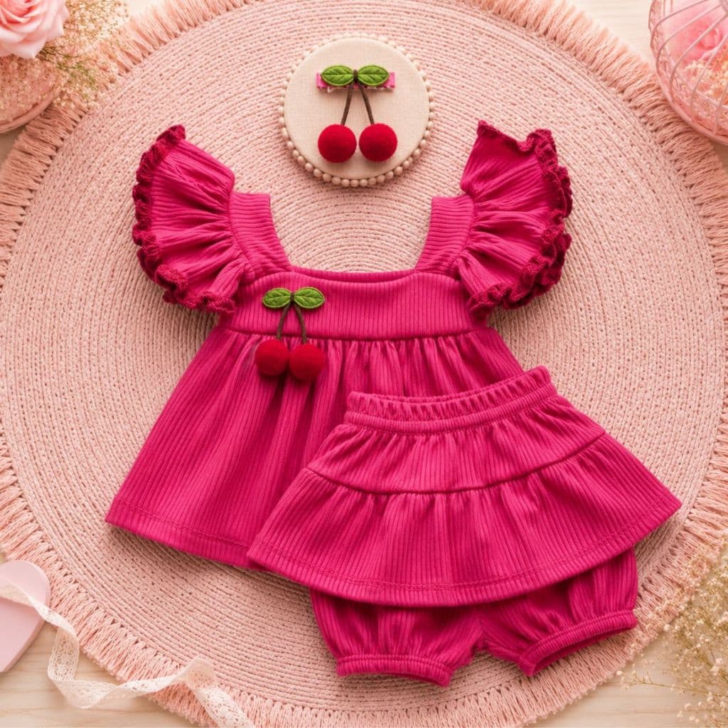 Conjunto Infantil Feminino Cereja Bebê Menina Blusa Canelada com Babado e Short Saia Verão