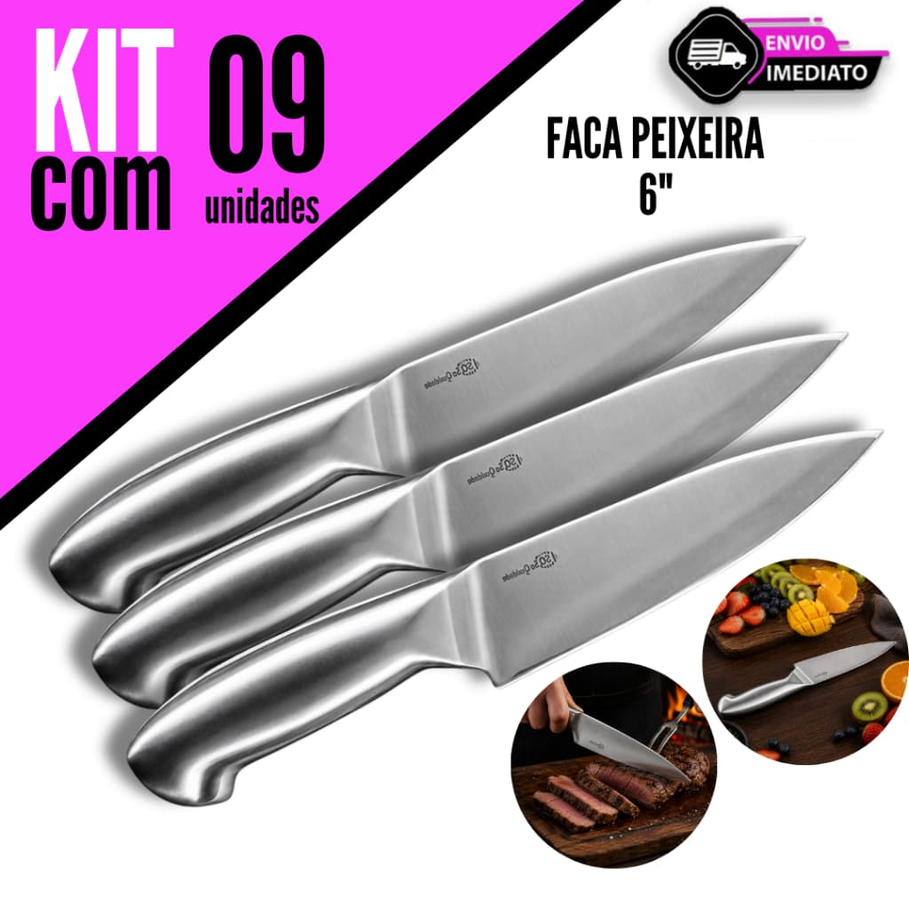 Conjunto 09/07/06/05 Unidades Faca Chef 6" para Cozinha e Churrasco de Aço Inox com Cabo Anatômico
