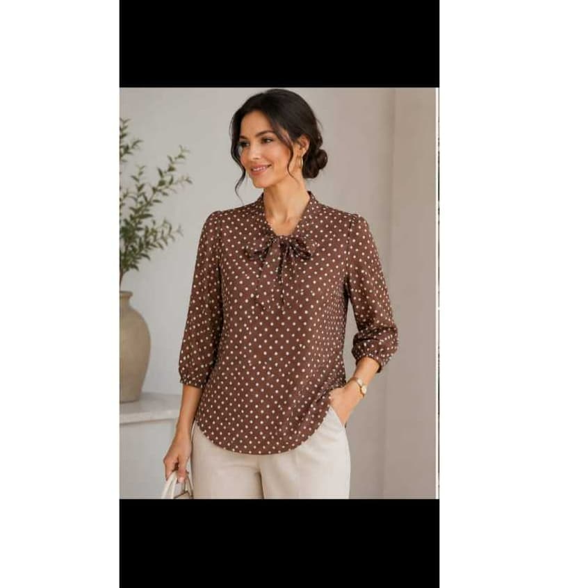 L.L.MODAS FEMININA   blusa estampada de bolinha feminina elegante gola laço manga 3/4 tecido crepinho
