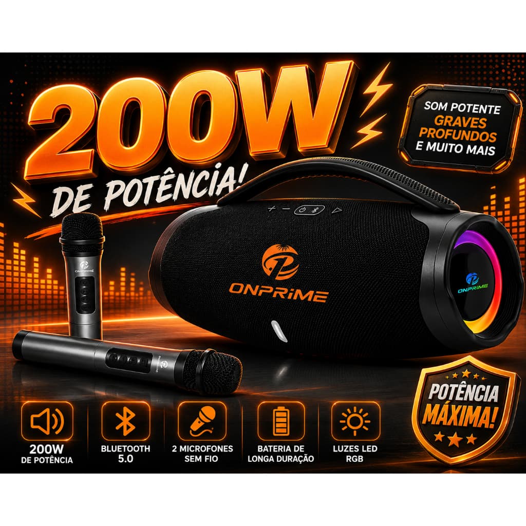 Caixa De Som Bluetooth Boombox 200w com microfone sem fio Ip66 com Bateria Som Potente, Graves bem definidos