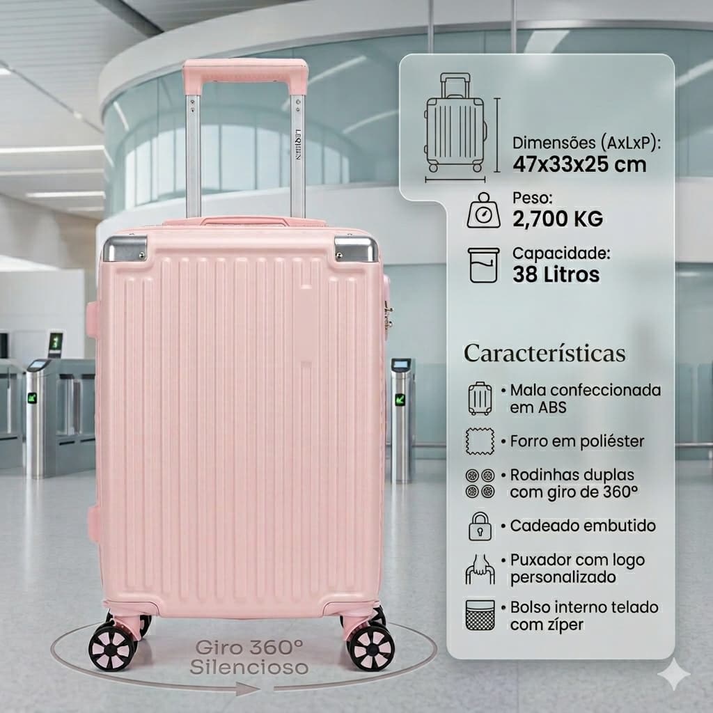 Mala de Viagem Bordo 10kg Pequena Reforçada Rodas 360º