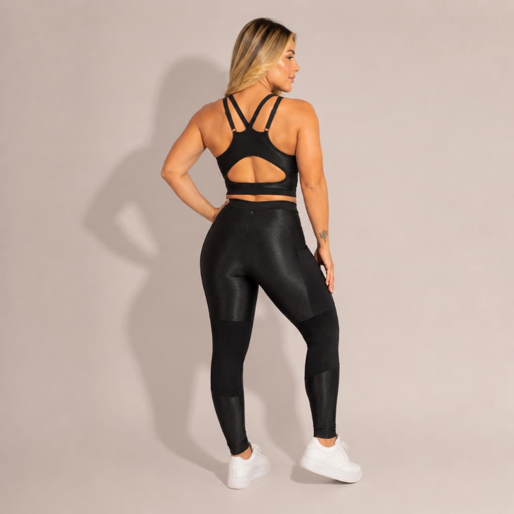 Conjunto Fitness Canelado Feminino Poliamida Blackout