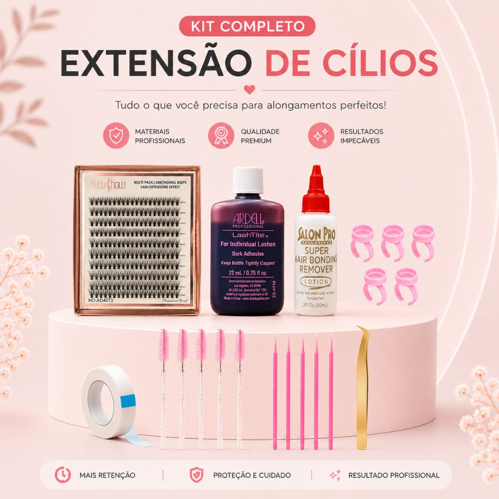 Kit Completo Cílios Tufinho New Show Aplicação Casa Cola Fria Removedor Salon Pro Pinça Acessórios
