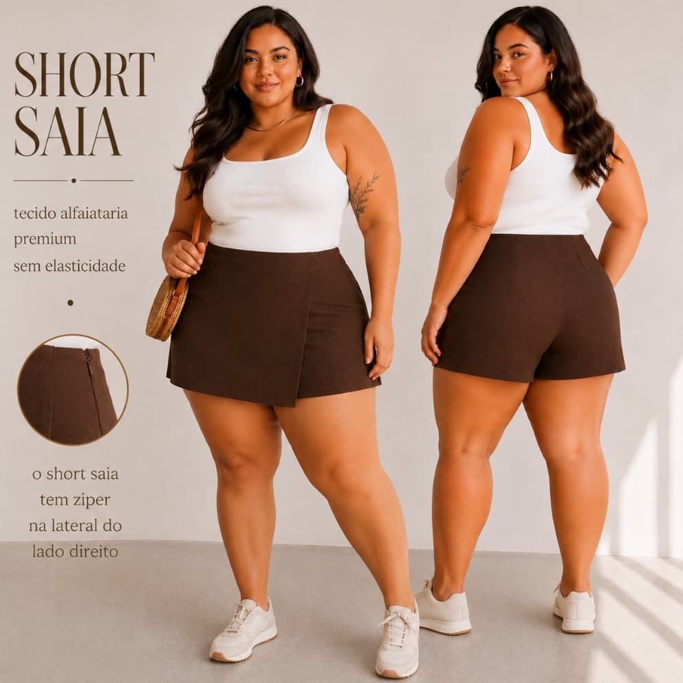 SHORT SAIA PLUS SIZE ALFAIATARIA PREMIUM ZIPER LATERAL