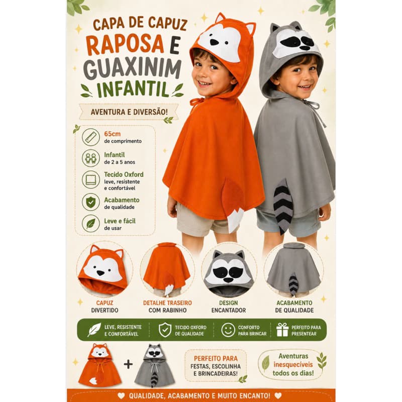 Capa fantasia infantil guaxinim ou raposa