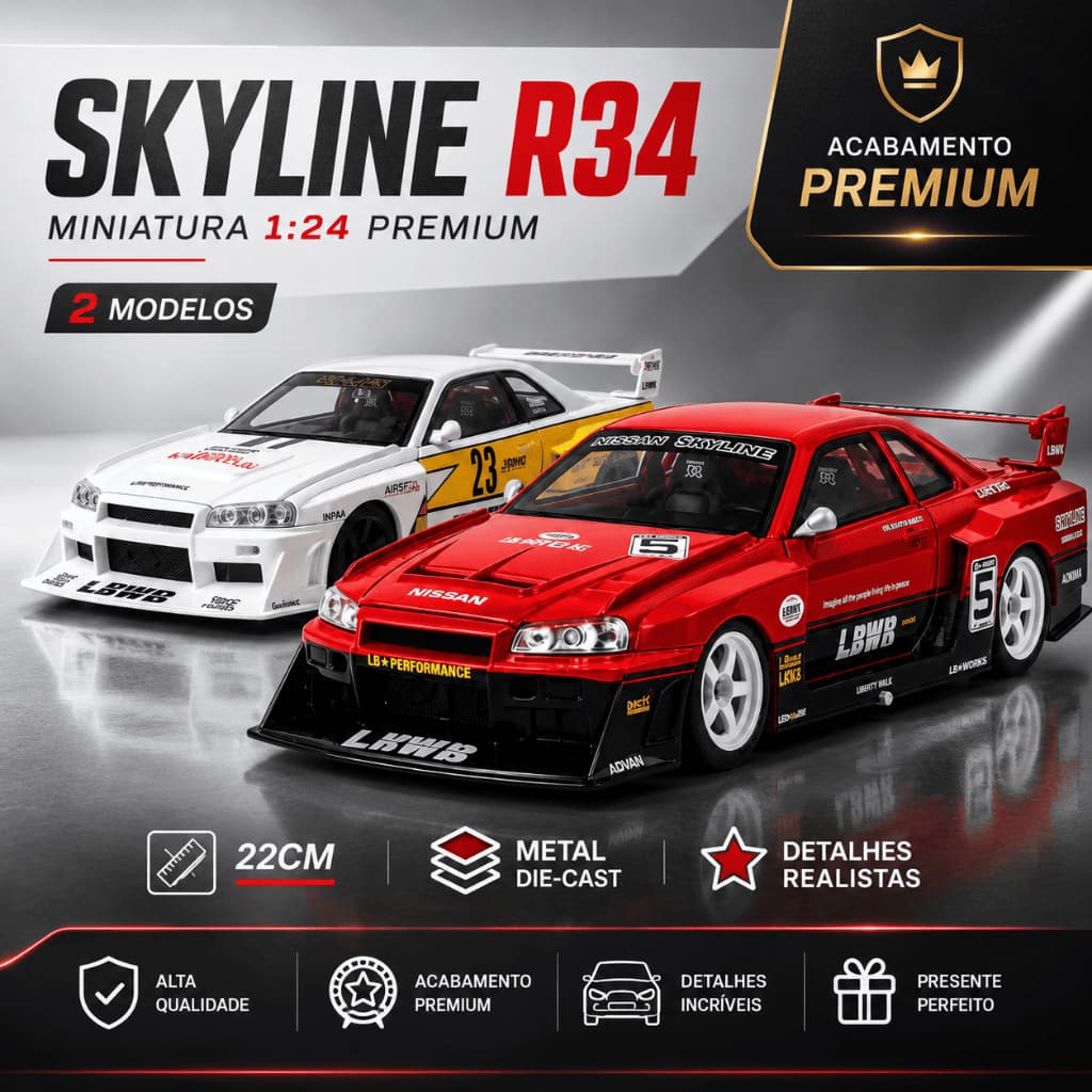 Carrinho Metal Nissan Skyline R34 Gtr Lbwk Premium 22cm Vermelho Branco Colecionavel