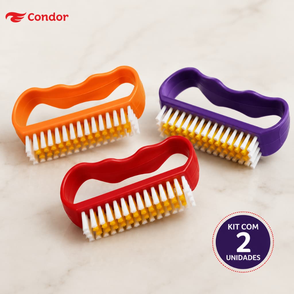 Kit 2 Escovas de Unha Condor - Escova de Cerdas Macias Multiuso Cores Sortidas Higiene e Limpeza