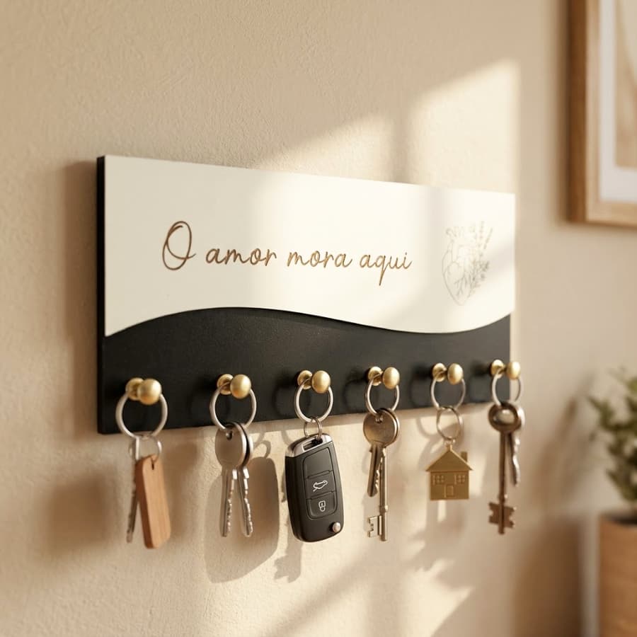Porta Chaves Mdf O Amor Mora Aqui Decoração Casa Porta Chaves Decorativo Para Parede em MDF 06 Ganchos