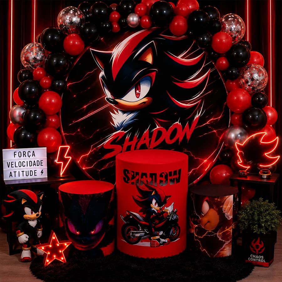 Kit Capa De Painel Redondo + Capas De Cilindro Para Festas Tema Project Shadow The Hedgehog Sonic