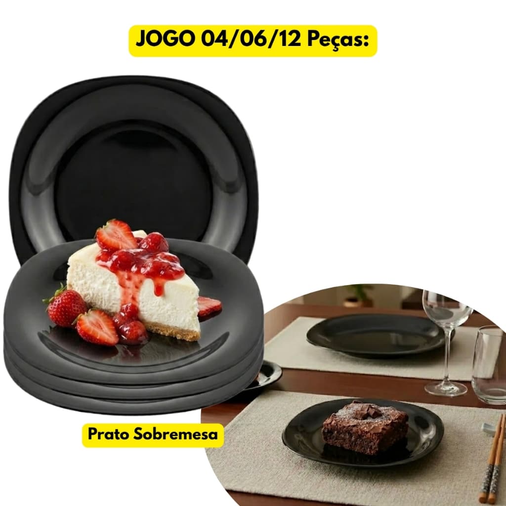 Jogo Kit 04/06/12 Pratos Quadrado Sobremesa Vidro Preto Square Servi Restaurante Refeição Luxo Bar