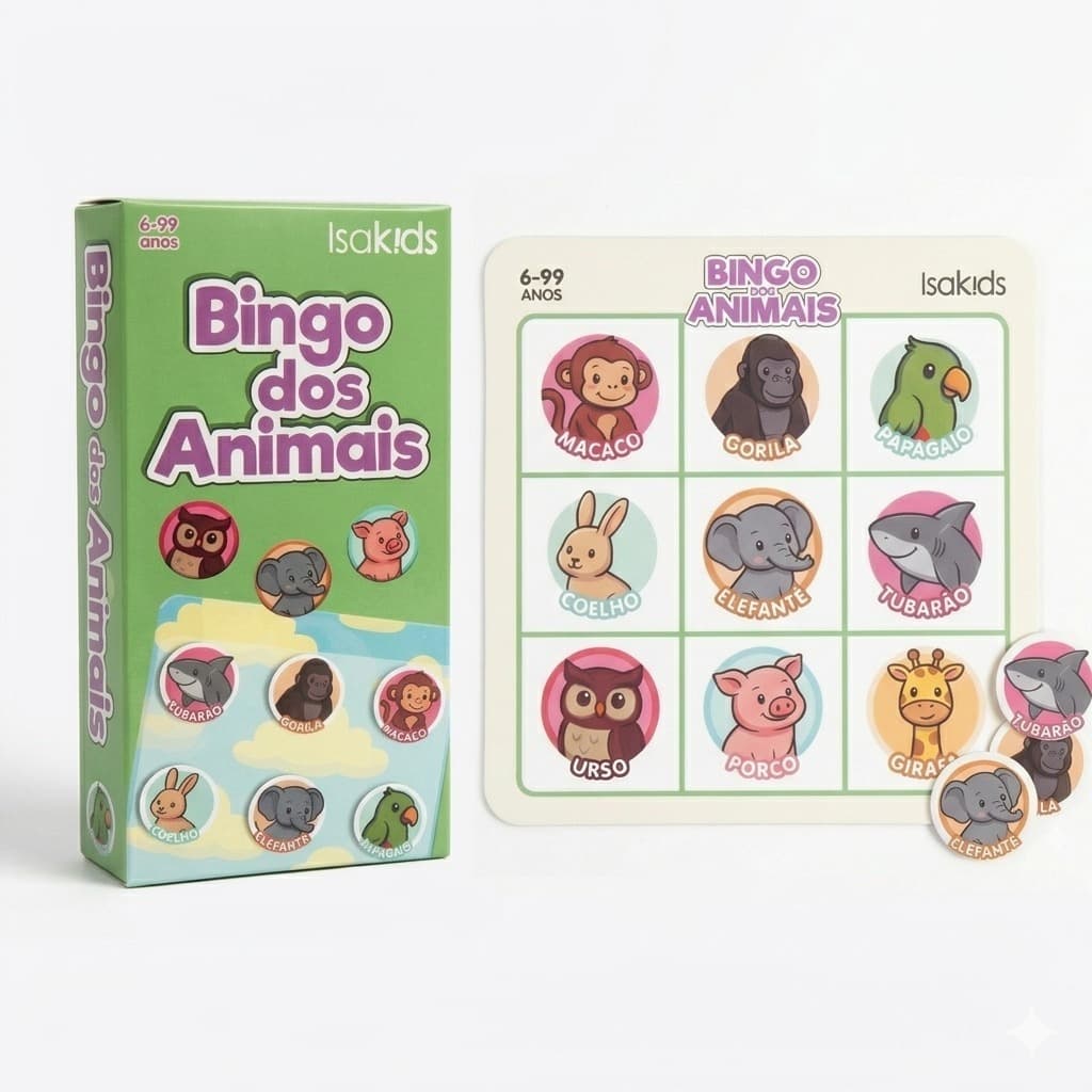BINGO DOS ANIMAIS COM 6 CARTELAS JOGO EDUCATIVO DIVERTIDO 6+ ISAKIDS INFANTIL