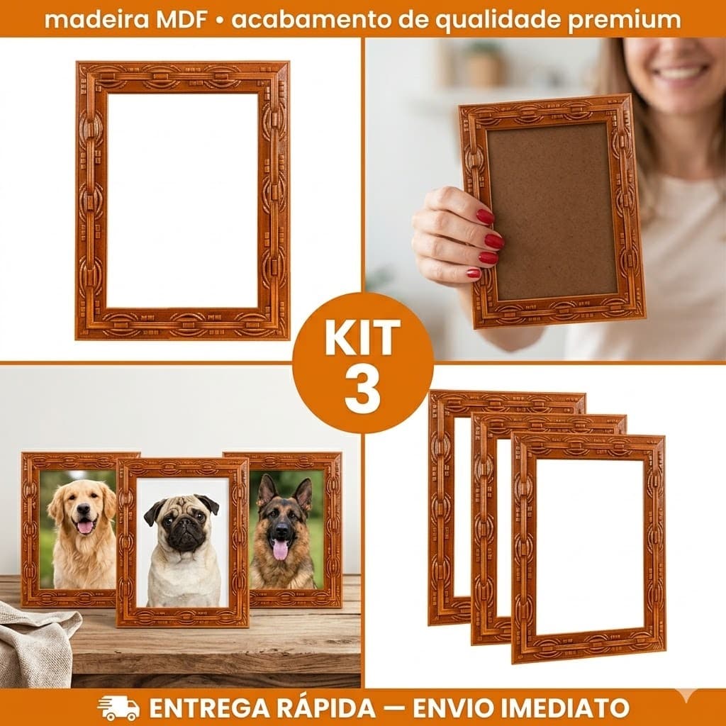 Kit jogo de 03 quadro Porta Retrato 15x21 Apoio Decorativo Moldura de Madeira Imbuia Magno Ingles