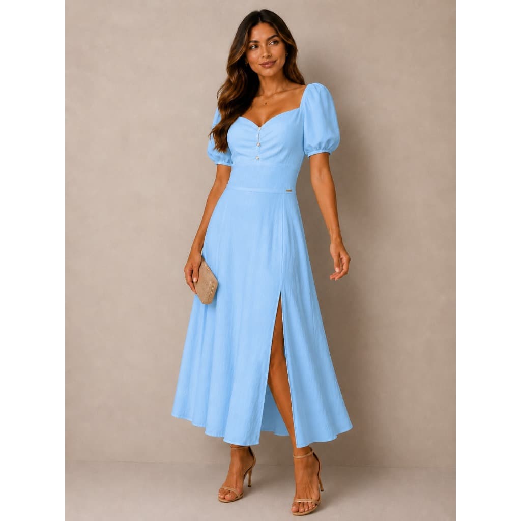 Vestido Midi em Crepe de Linho Premium com Fenda Lateral – Decote Coração, Manga Bufante Romântica e Cintura Mar