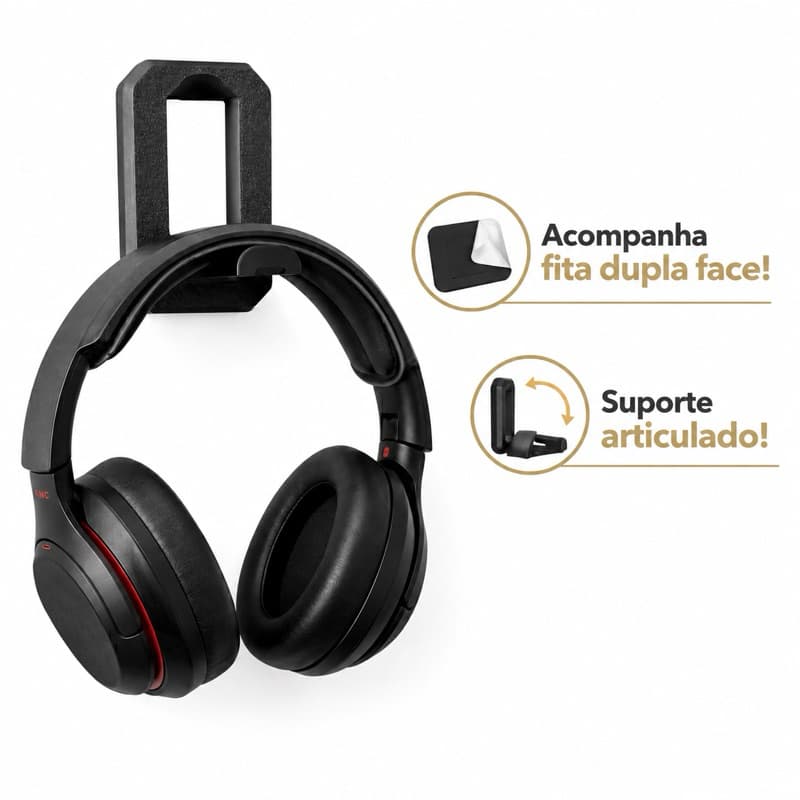 Suporte Headset Fone de Ouvido Articulado Sem Furo Fita 3M Gamer Mesa Parede Home Office