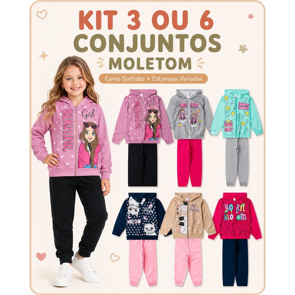 Kit 6 ou 12 Peças (3 ou 6 Conjuntos) Moletom Menina Roupa De Menina Tamanho P ao 14