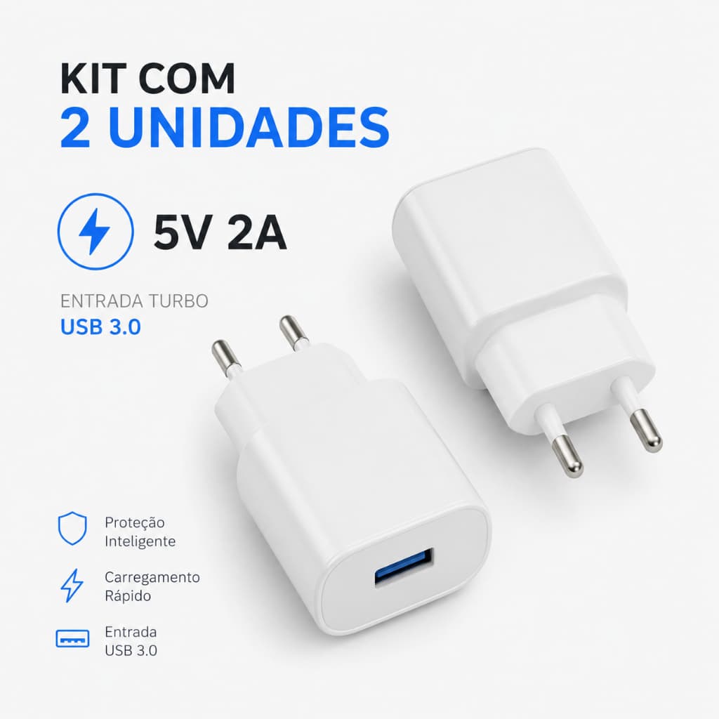 Kit Com 2 Fonte Carregador USB 5V 2A Entrada USB Universal