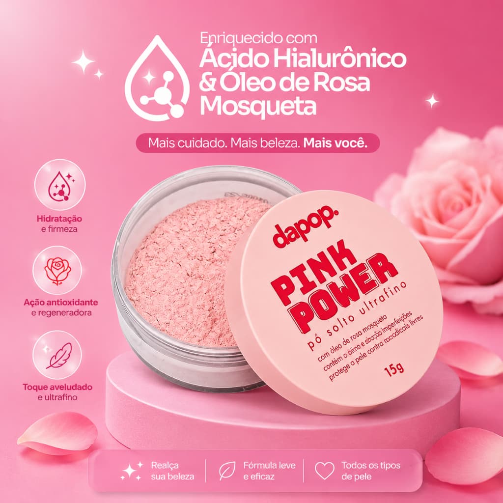 Pó Facial Pink Power Dapop C/ Oleo De Rosa Mosqueta Ultrafino Não Transfere